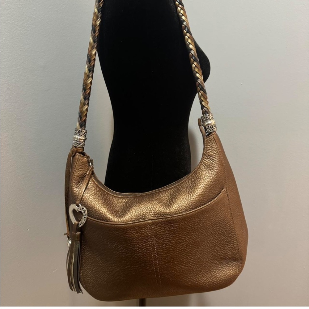 Brighton Hobo Barbados handbag, bronze, brown, pebbled, leather braided purse.